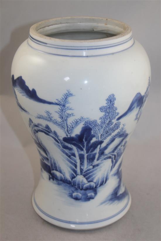 The base section of a Chinese blue and white yen-yen vase, Kangxi period, 25.5cm, neck reduced